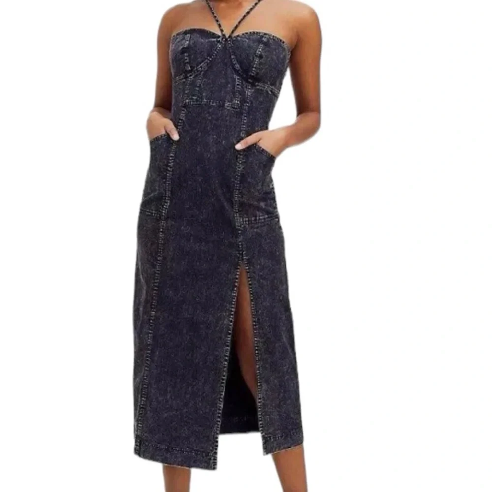 Nwt FREE PEOPLE Sz 12LUANNA DENIM MIDI DRESS IN WASHED BLACK_2
